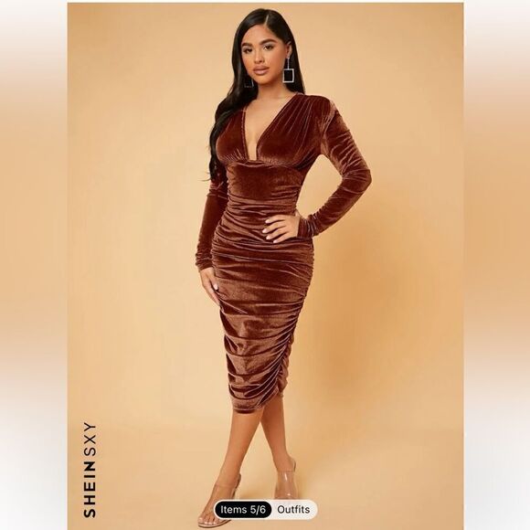 Coffee Brown V Neck Ruched Velvet Bodycon Dress size Medium NWT - Picture 1 of 6